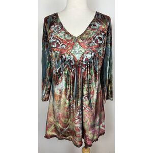 Live And Let Live Brown Multi Velvet Babydoll Tunic Sz M Top Whimsigoth